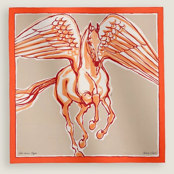 HERMES LIBRE COMM PEGASE SILK SCARF 90 USED Orange-Beige-Fauve - Picture 11 of 13